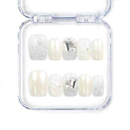 Pearl Sparkle pearly white handmade press-on nails with pearls and silver gemstones, Singapore press on nails by naillover