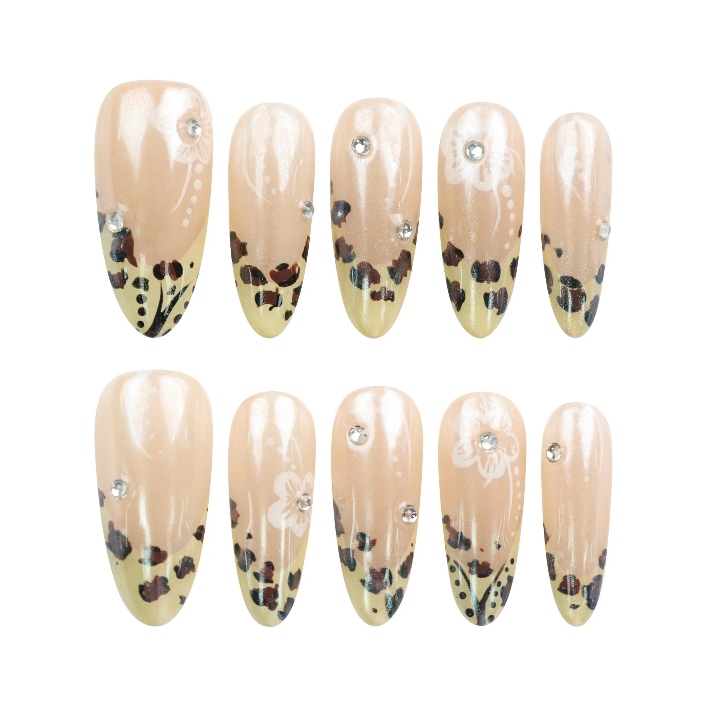Flat lay of Pearly Blossom Singapore press on nails with beige base, leopard print, and floral motifs, handmade by naillover