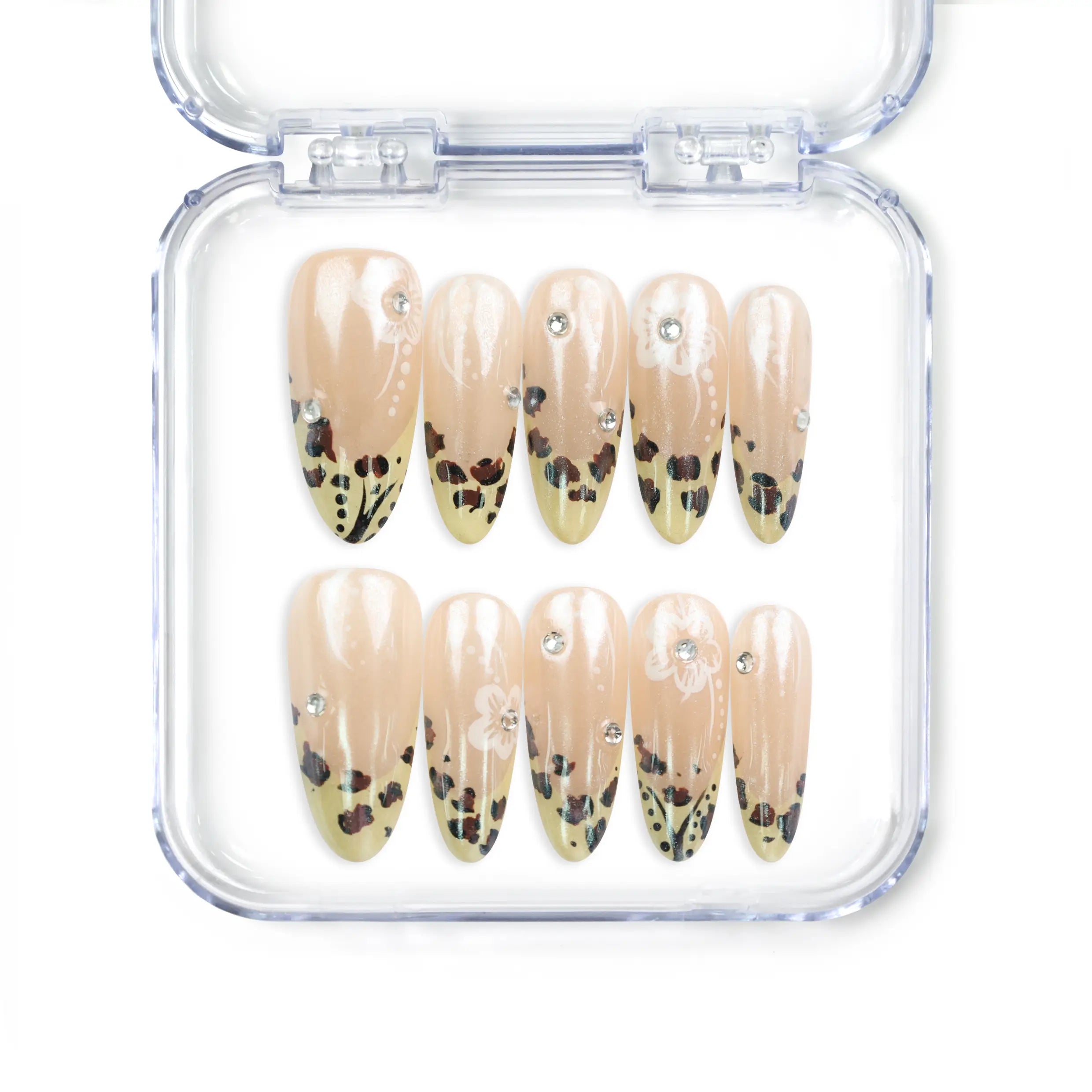 Pearly Blossom Singapore press on nails with beige base, leopard print, and floral designs, handmade by naillover