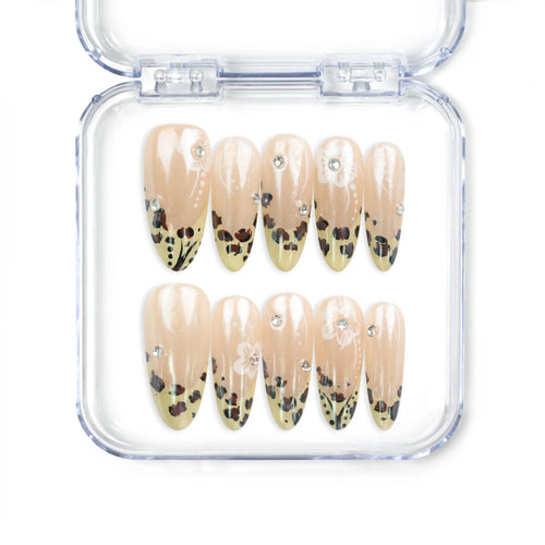 Pearly Blossom Singapore press on nails with beige base, leopard print, and floral designs, handmade by naillover