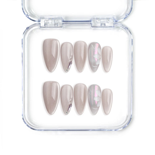 Naillover handmade Singapore press on nails in almond shape with pastel tones and white flower nail art