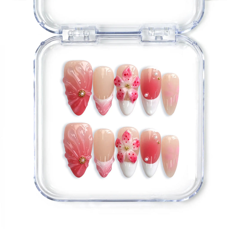 Singapore almond press on nails with pink 3D flower nail art in pastel and fuchsia, handmade by Naillover