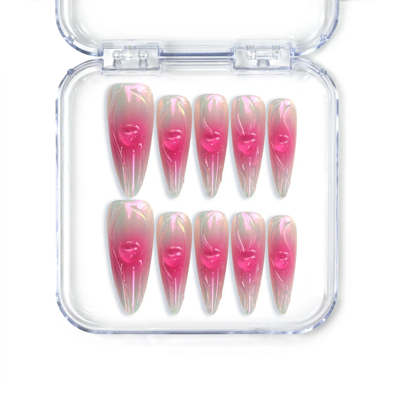 Handmade pink almond Singapore press on nails with heart accents and ombré holographic finish by Naillover
