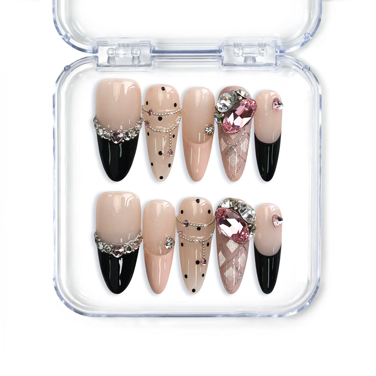 Handmade stiletto-shaped pink holographic Singapore press on nails with mirror shine by Naillover