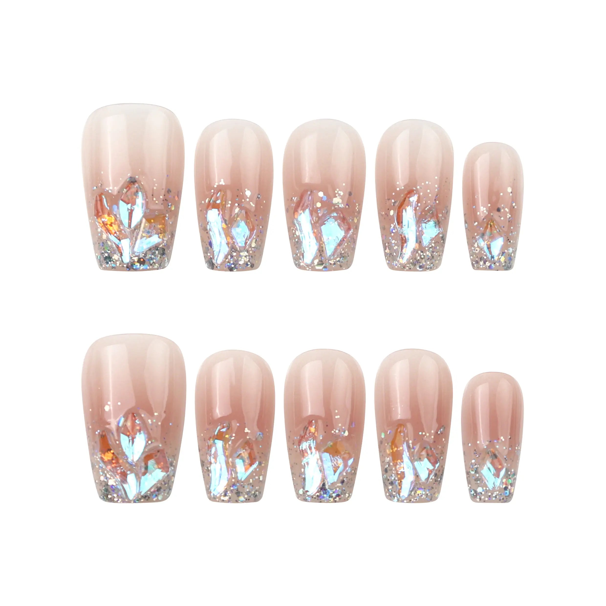 Pink Mermaid Spark coffin press on nails arranged on white background, glittery handmade nails from naillover’s Singapore collection.