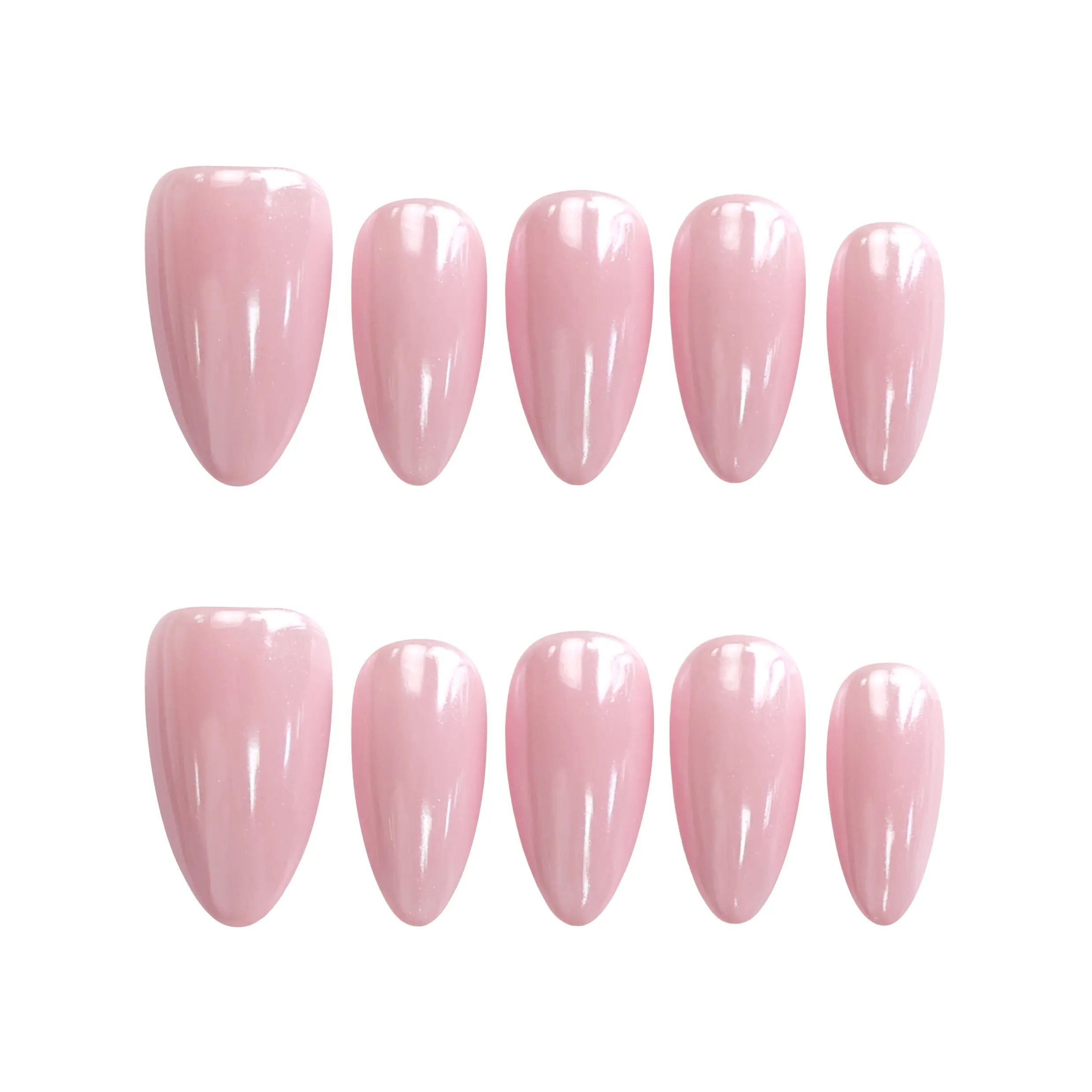 Product display of short almond pink nails in a sleek glossy finish, perfect for versatile everyday looks