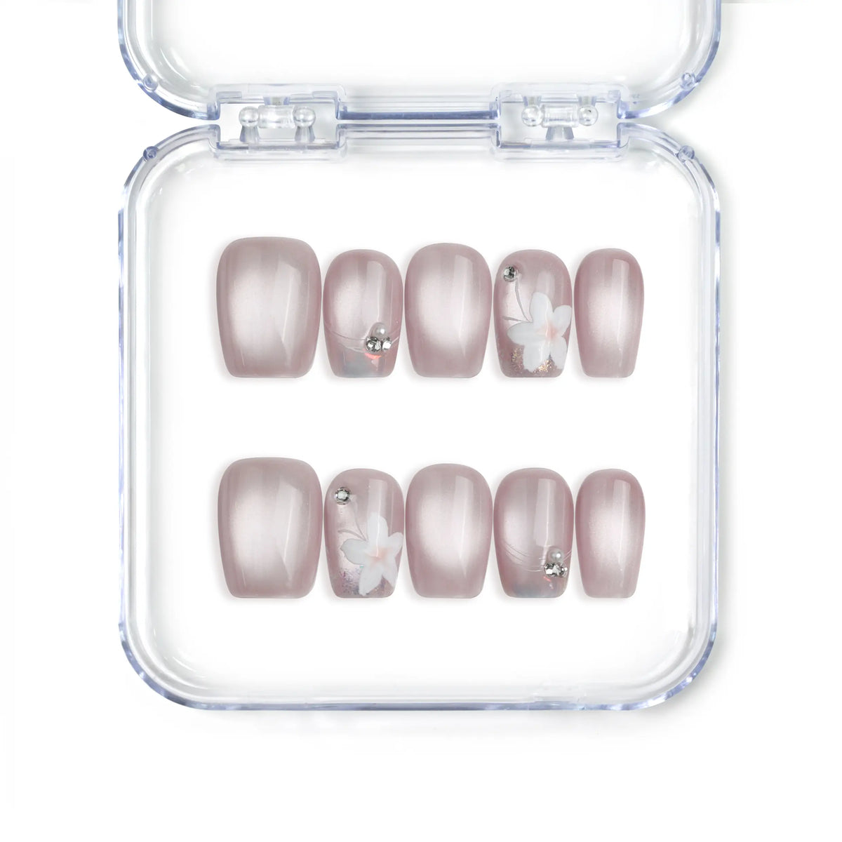 Naillover handmade Singapore short pink press on nails in square shape featuring white flower nails art, gold beads, and pearls