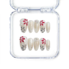 Naillover handmade Singapore almond press on nails featuring red, white, and grey 3D flower nail art