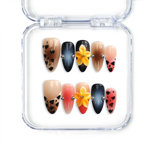 Handmade brown almond press on nails from Naillover Singapore, featuring leopard print and 3D floral accents