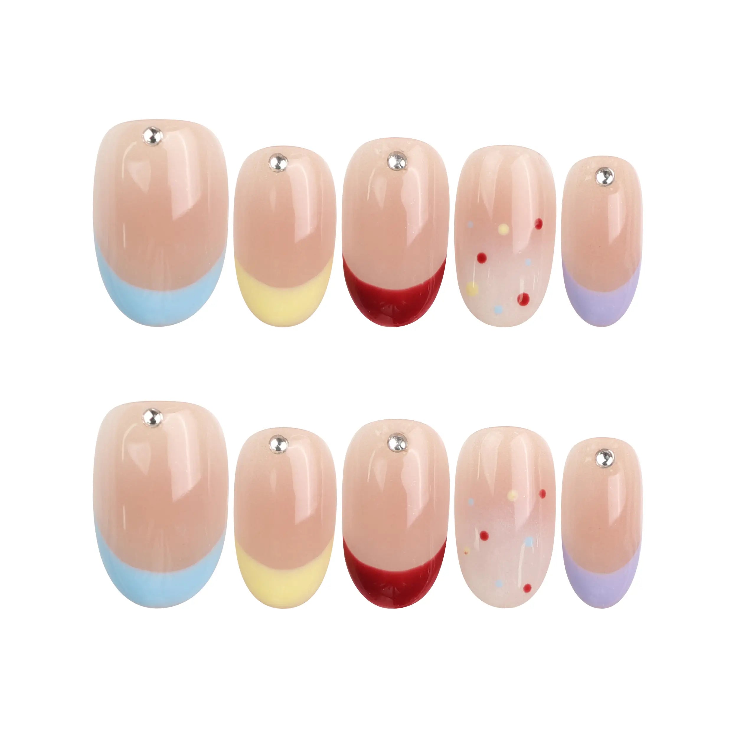 Rainbow Tips handmade press on nails by naillover, transparent base with bold glitter tips displayed on white background.