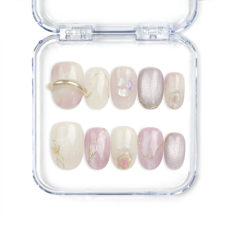 Naillover Rose Quartz Singapore press on nails with pastel pink marble and gold glitter accents