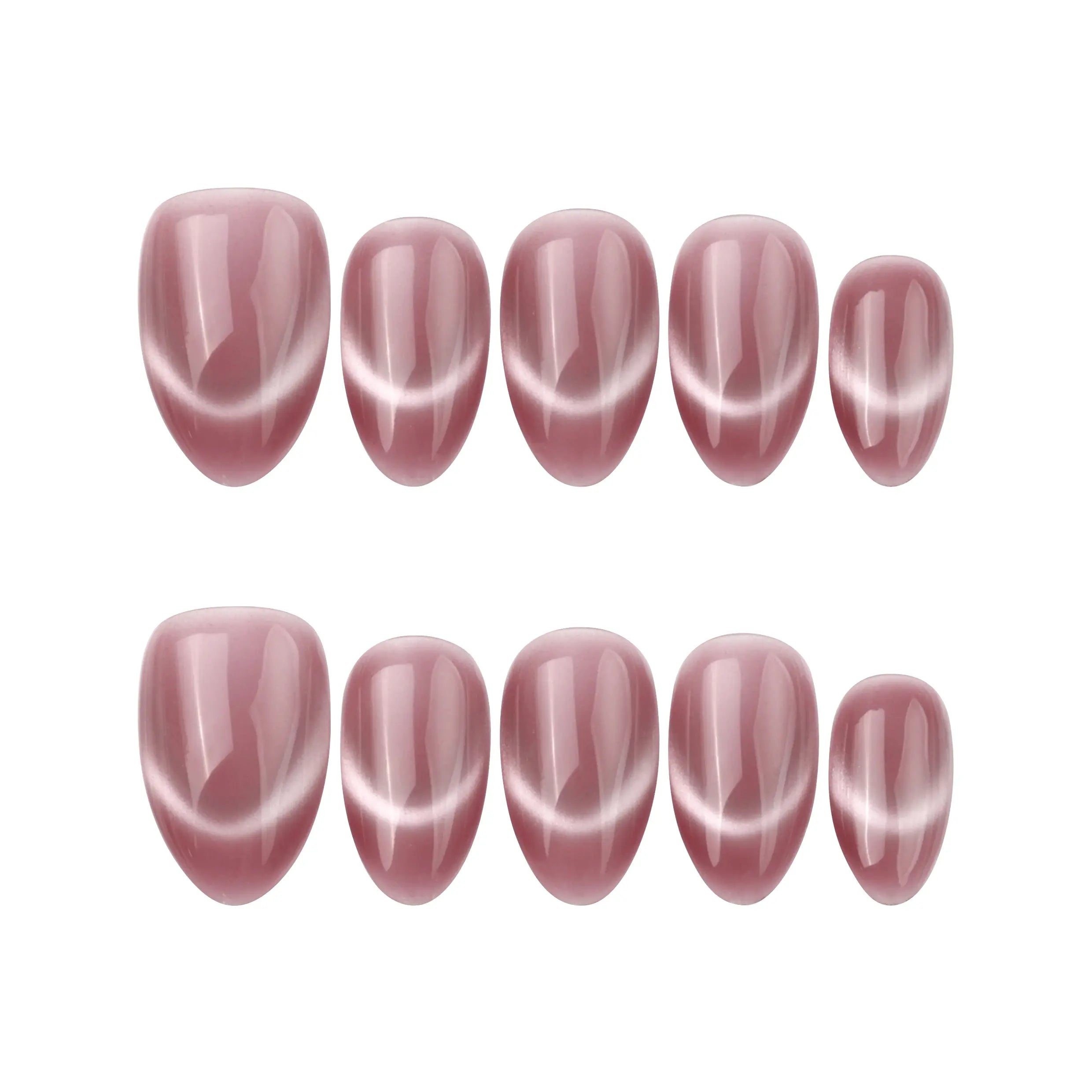 Flat lay of Rosy French Glow press on nails from Naillover on a white background, soft pink almond set.