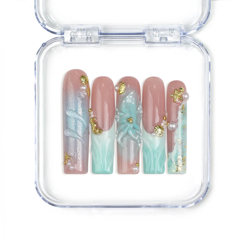 Singapore handmade long pipe press on nails with 3D flower nails, ocean waves, and gold starfish by Naillover