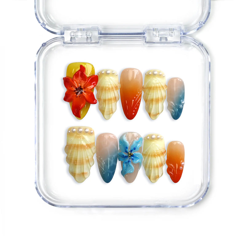 Singapore almond press on nails with blue, red, and yellow ocean design featuring 3D seashells, handmade by Naillover