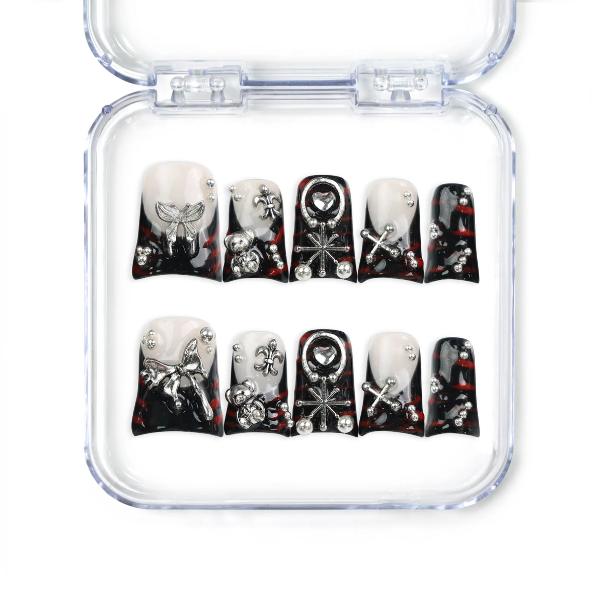 Shadow Forge Y2K metallic Singapore press on nails by naillover, handmade press on nails with silver shimmer accents