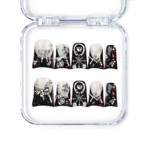 Shadow Forge Y2K metallic Singapore press on nails by naillover, handmade press on nails with silver shimmer accents