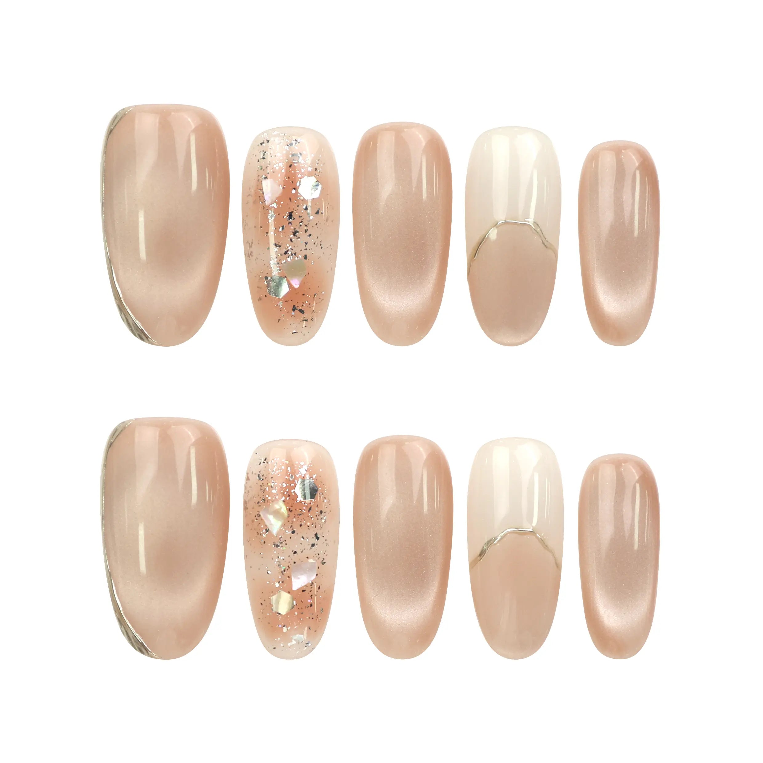 Flat lay of Naillover Shimmering Beige Singapore press on nails set, showcasing handmade cat eye nails in beige with gold foil details.