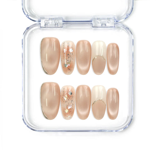 Naillover Shimmering Beige handmade press on nails with cat eye effect in beige and gold foil accents, part of Singapore press on nails collection.