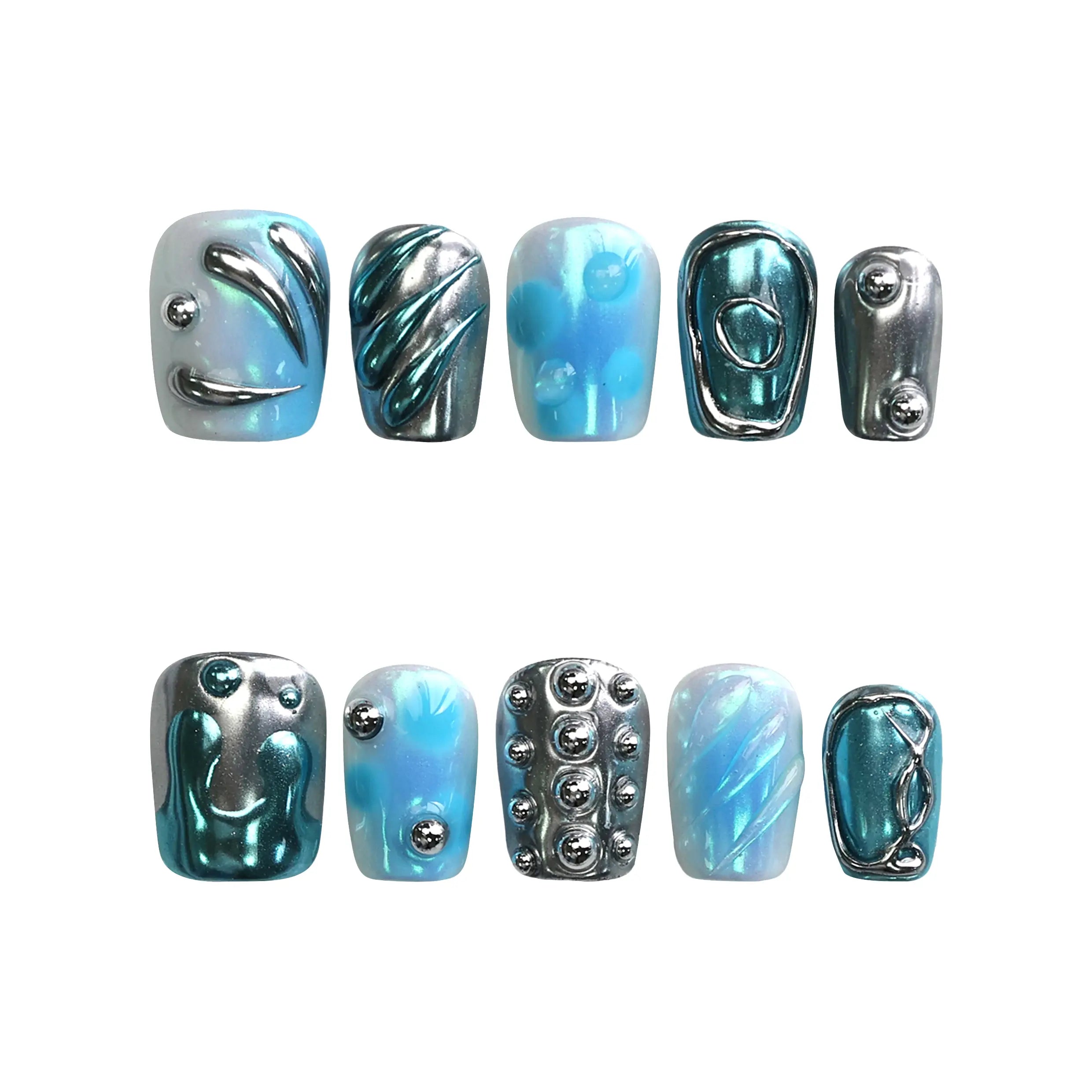 Product display of Naillover handmade short coffin blue nails with water droplet textures and chrome silver shine