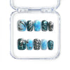 Naillover handmade Singapore blue press on nails in short coffin shape with metallic silver and water drop textures