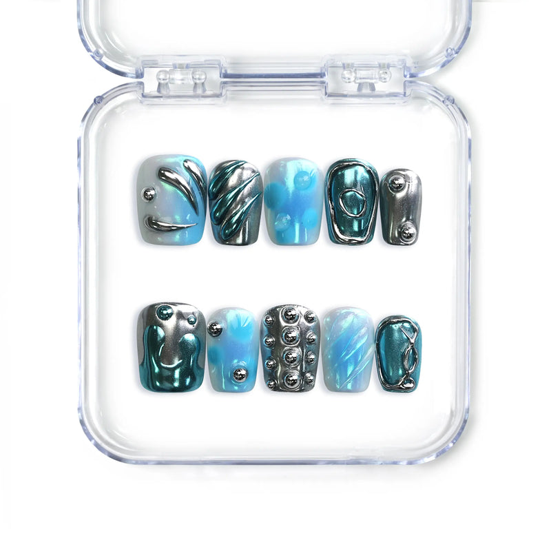 Naillover handmade Singapore blue press on nails in short coffin shape with metallic silver and water drop textures