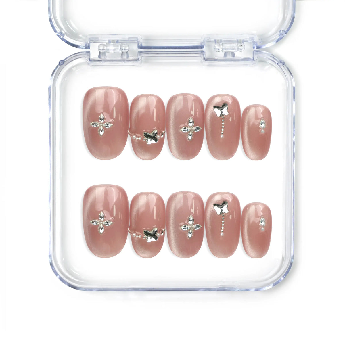 Naillover Silver Charm handmade press on nails with glossy cat eye finish and silver butterfly charms from Singapore press on nails collection.