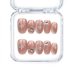 Naillover Silver Charm handmade press on nails with glossy cat eye finish and silver butterfly charms from Singapore press on nails collection.