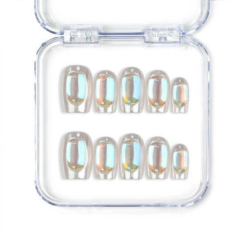 Singapore handmade short silver press on nails with chrome mirror finish and crystal accents by Naillover