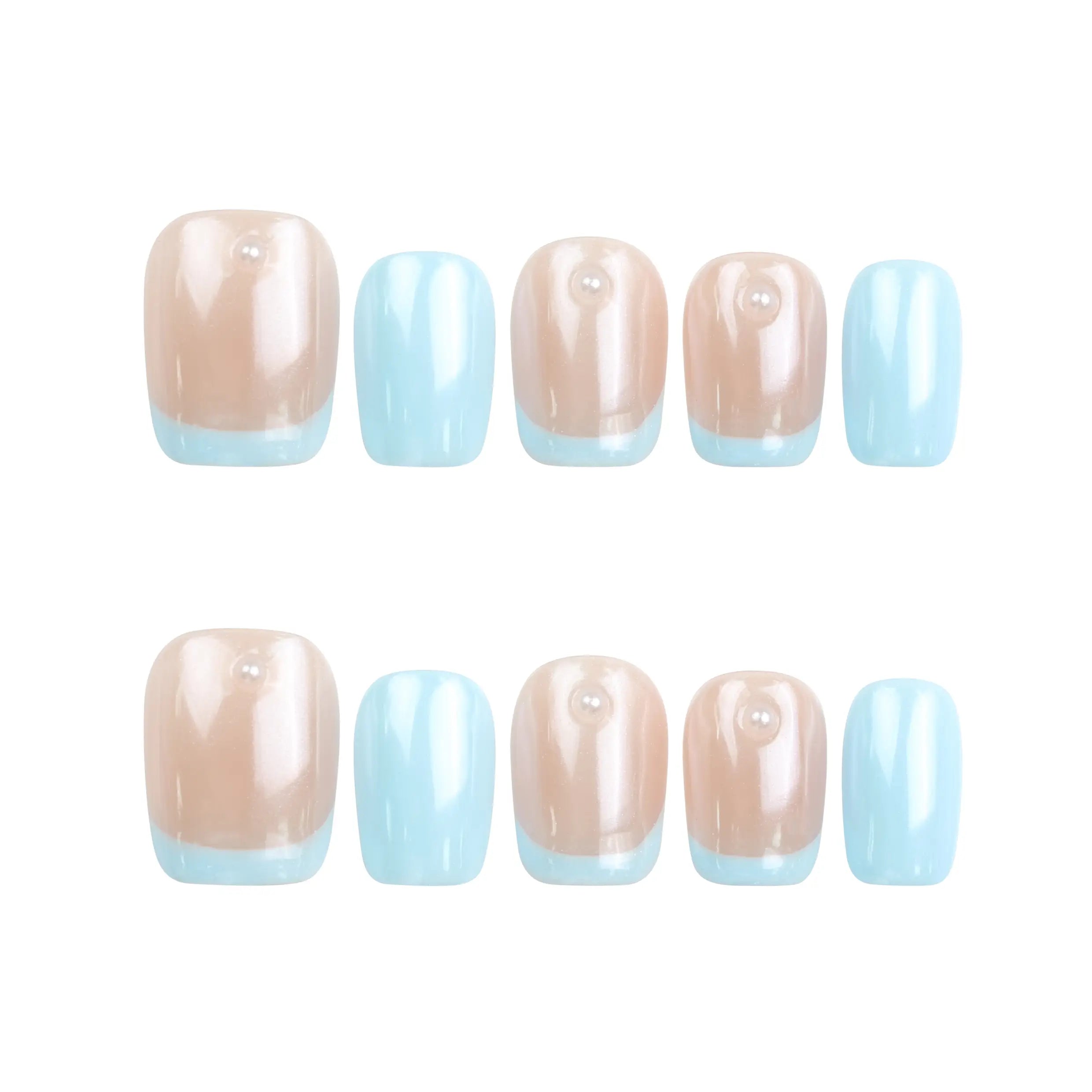 Skyline ombre blue Singapore press on nails set on white background, handmade by naillover with glossy gradient finish