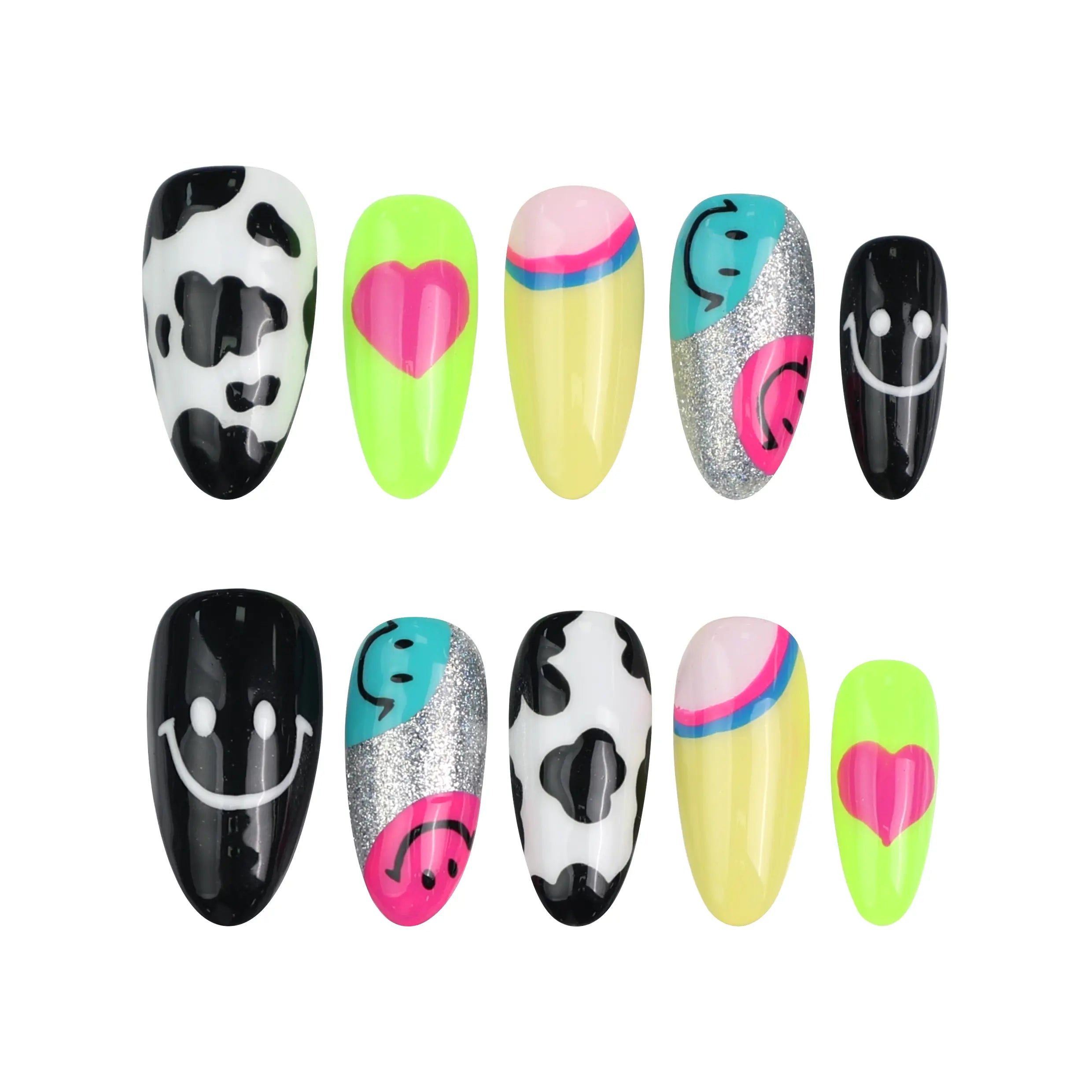 Product display of short almond nails with bright tones, smiley faces, and heart embellishments by Naillover