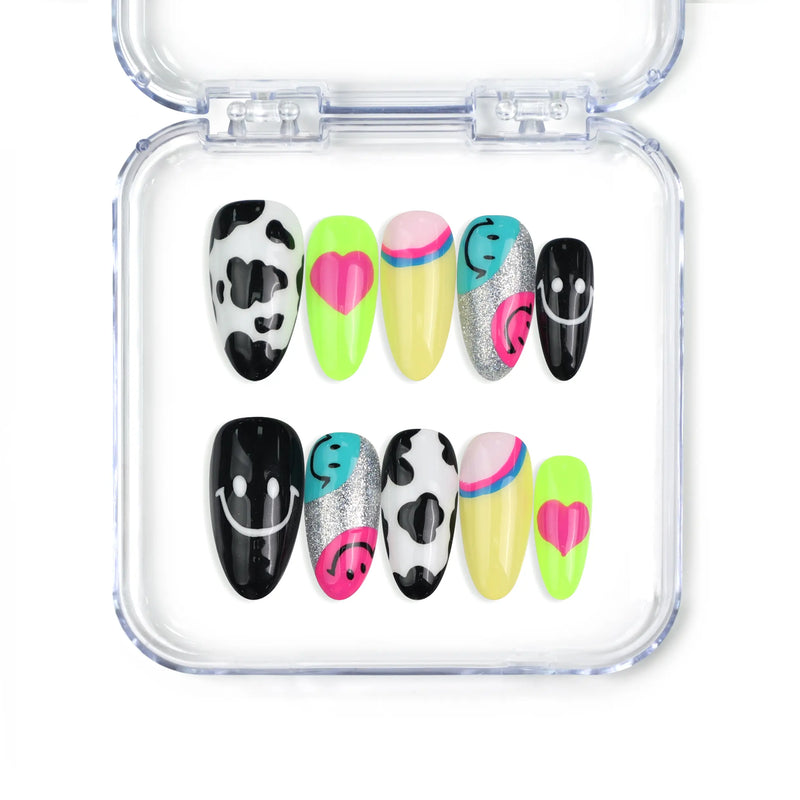 Singapore handmade short almond press on nails with vibrant colors, smiley faces, and 3D heart accents by naillover