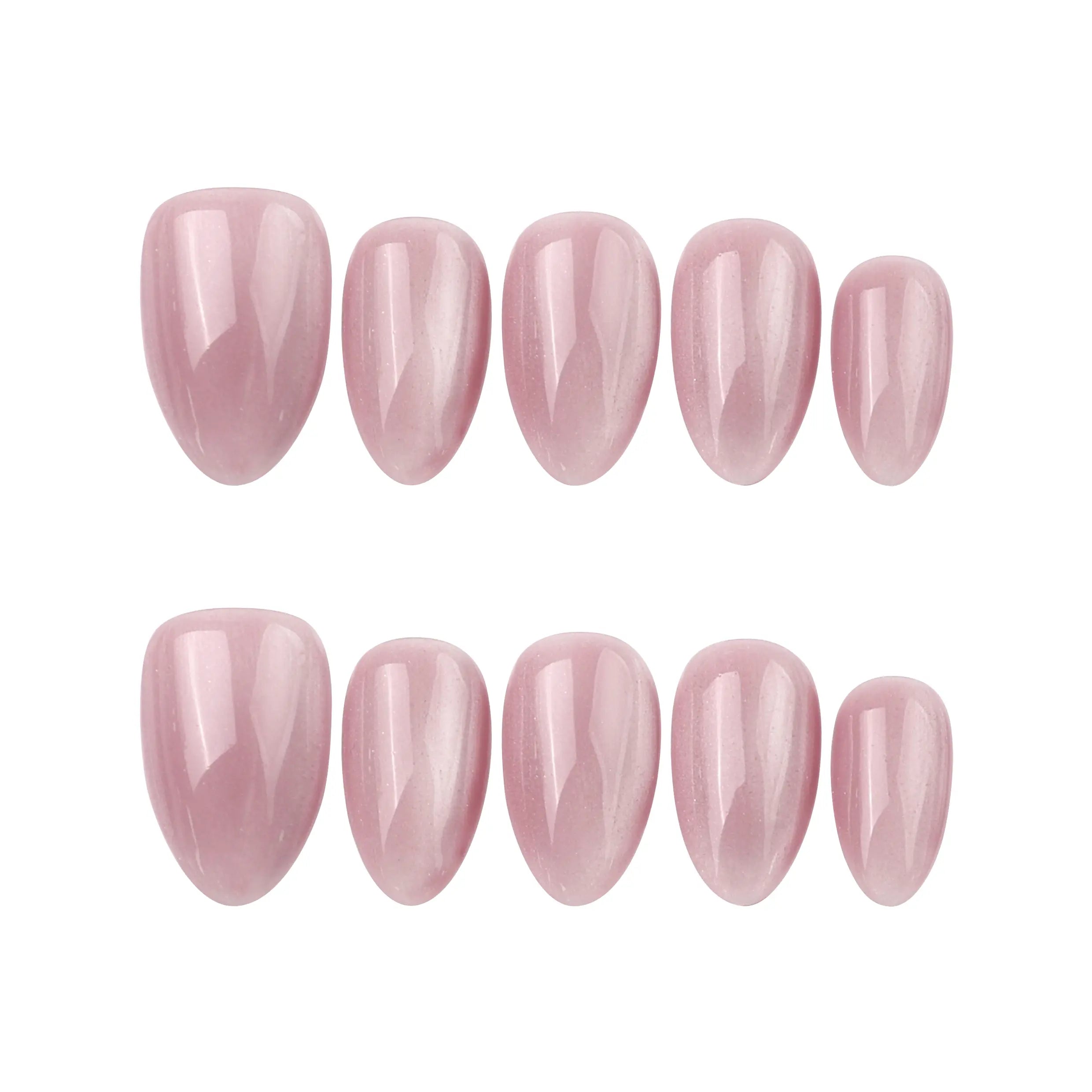 Flat lay of Soft Mirage handmade press on nails in pink cat eye shimmer, displayed on clean white background.
