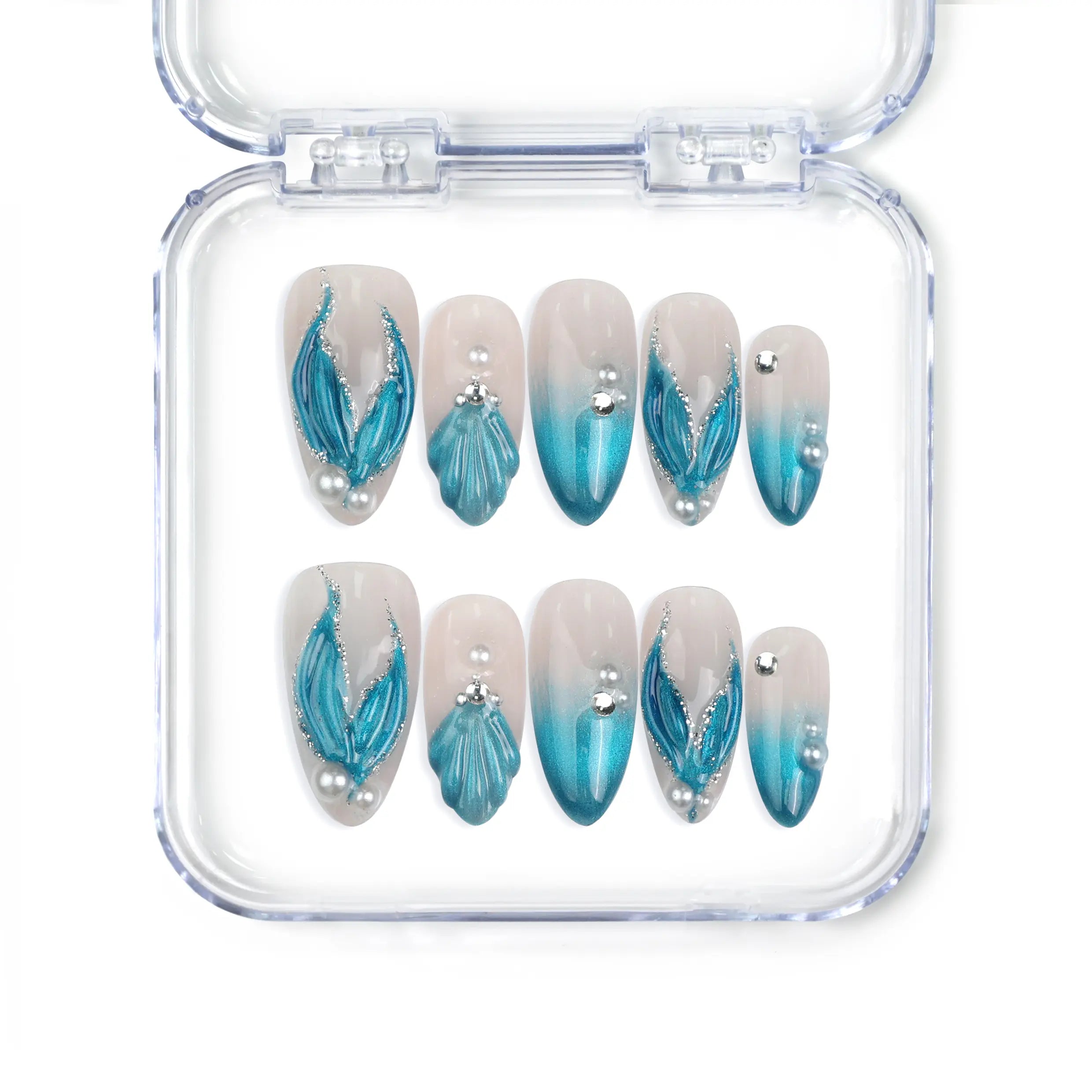 Naillover Singapore handmade blue almond nails with gradient tones, shell textures, and glitter accents inspired by mermaids