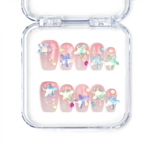 Naillover handmade Singapore short coffin pink press on nails with glitter base and colorful 3D starfish