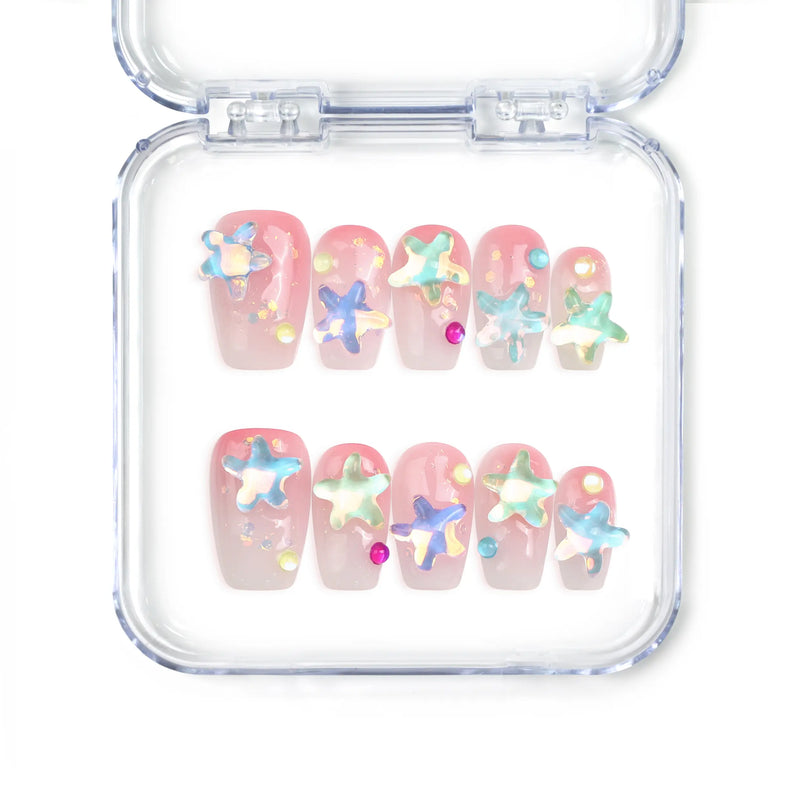Naillover handmade Singapore short coffin pink press on nails with glitter base and colorful 3D starfish