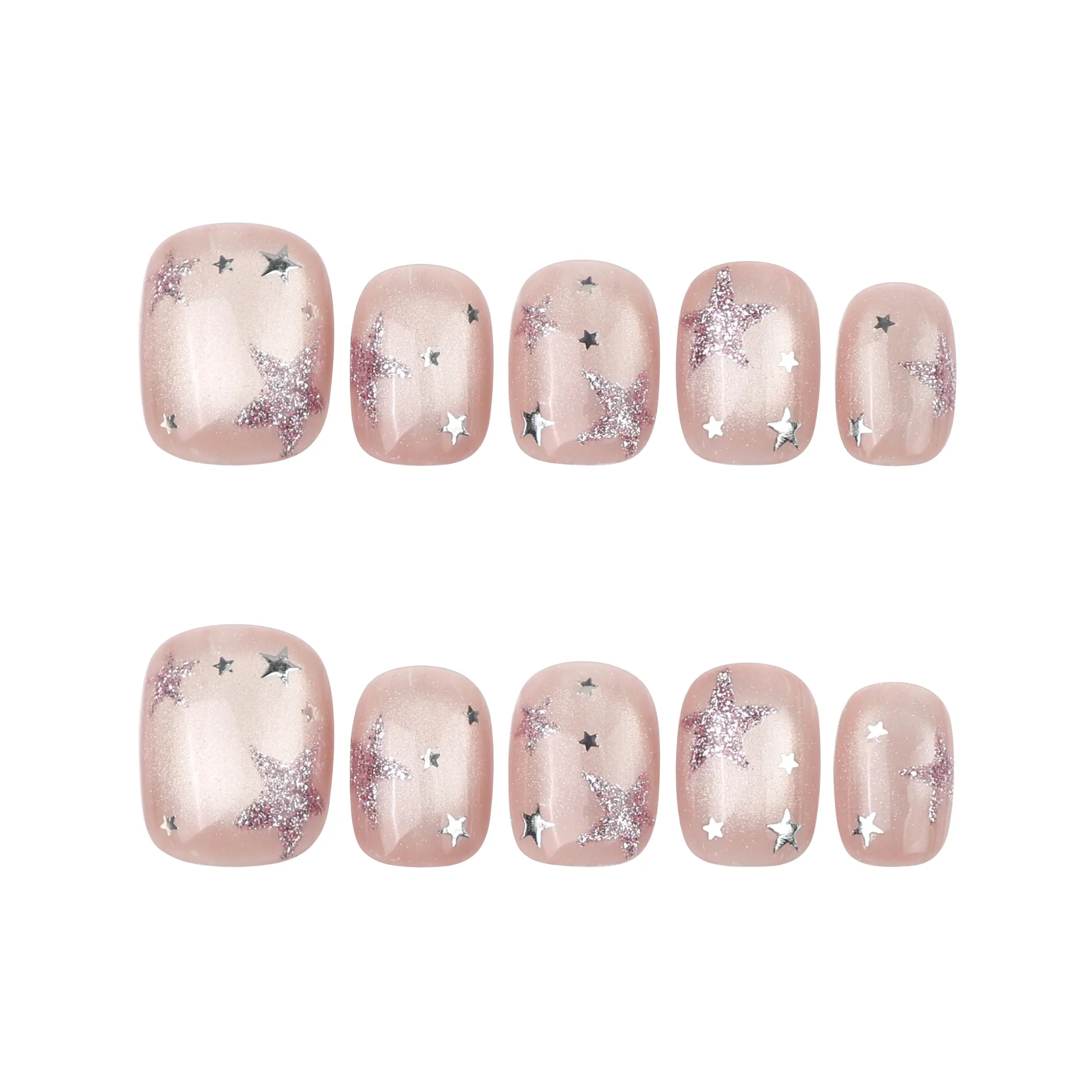 Flat lay of Naillover Starlit Blush handmade press on nails on white background, showing full set and star details clearly.