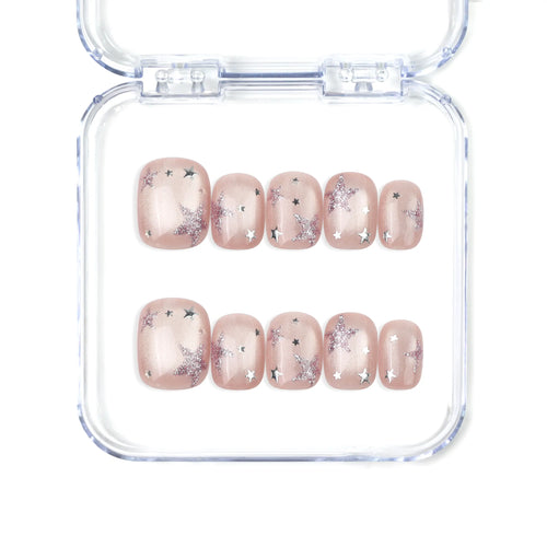 Naillover Starlit Blush handmade Singapore press on nails in blush pink with tiny star accents, short square shape.