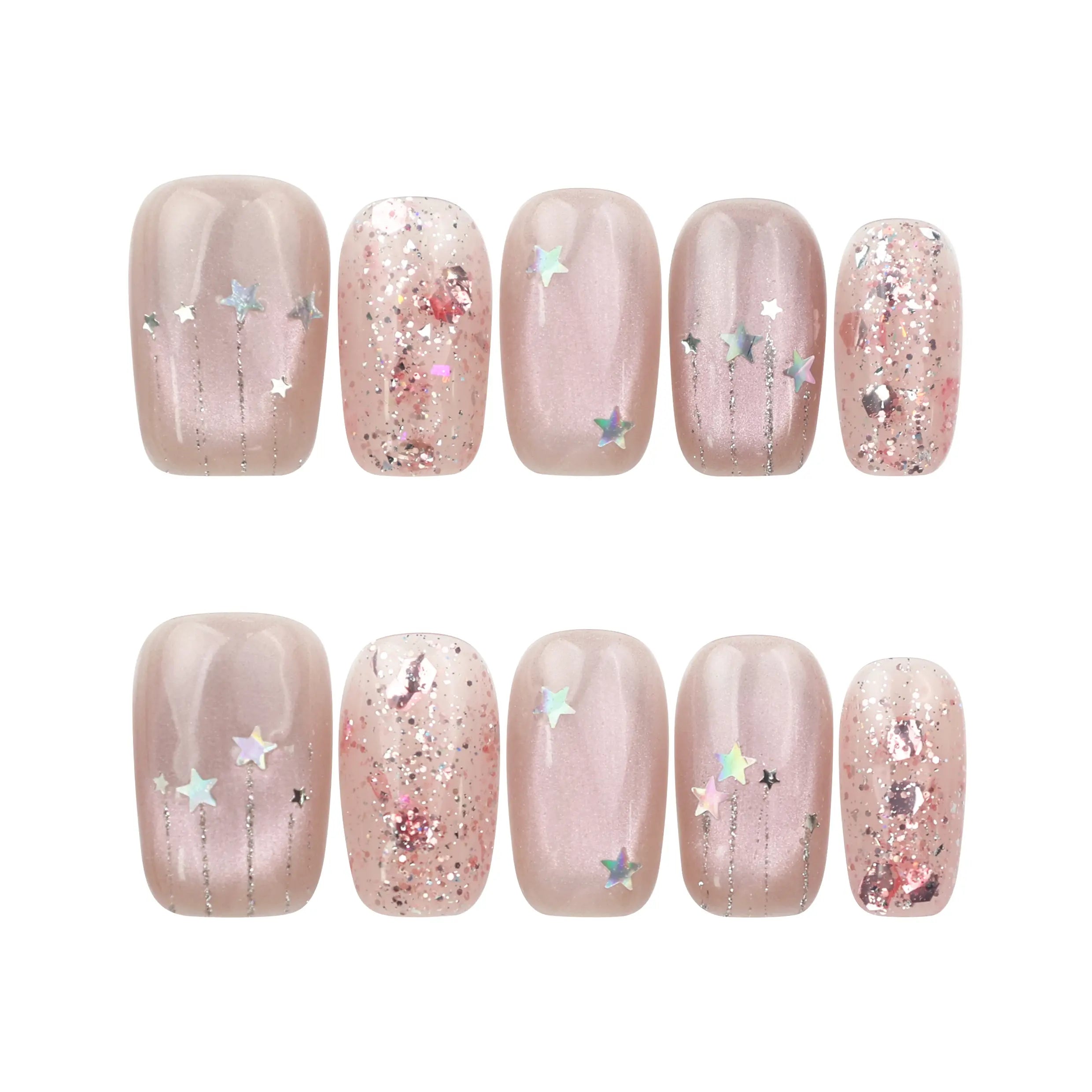 Starry Pink cat eye handmade press on nails Singapore, pink shimmer nails with star decorations on white background