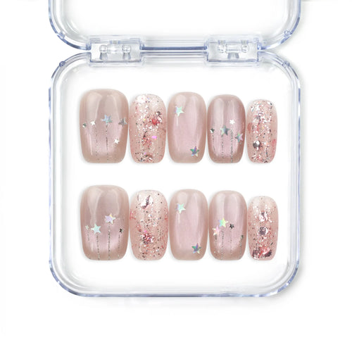 Starry Pink cat eye handmade press on nails Singapore, featuring soft pink shimmer with star details by NailLover