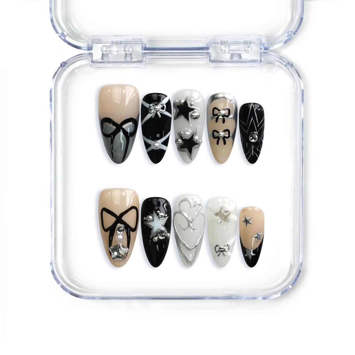 Naillover handmade almond press on nails in nude and black with stars and bows, Singapore design