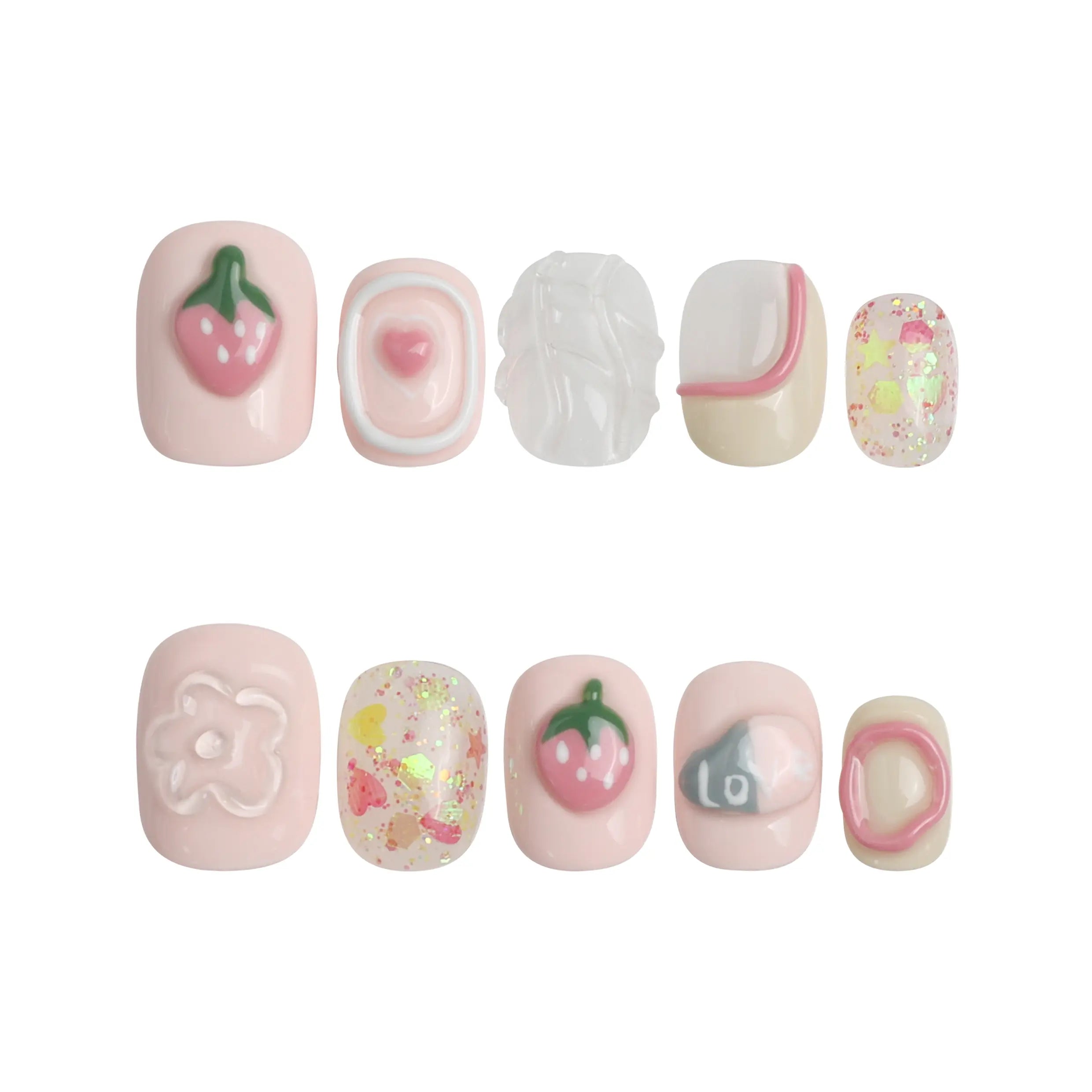Product flat lay showing Naillover’s handmade short press on nails with soft pink base, strawberry details, and heart accents