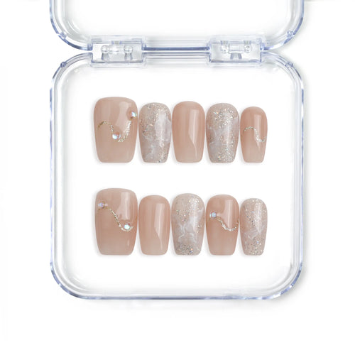 Naillover handmade Singapore short pink press on nails with gold glitter and fine gold line accents in square shape