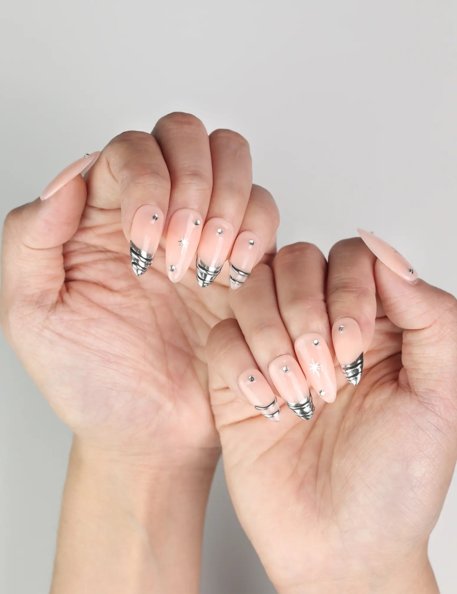 Elegant peach and silver star handmade press on nails Singapore style by naillover