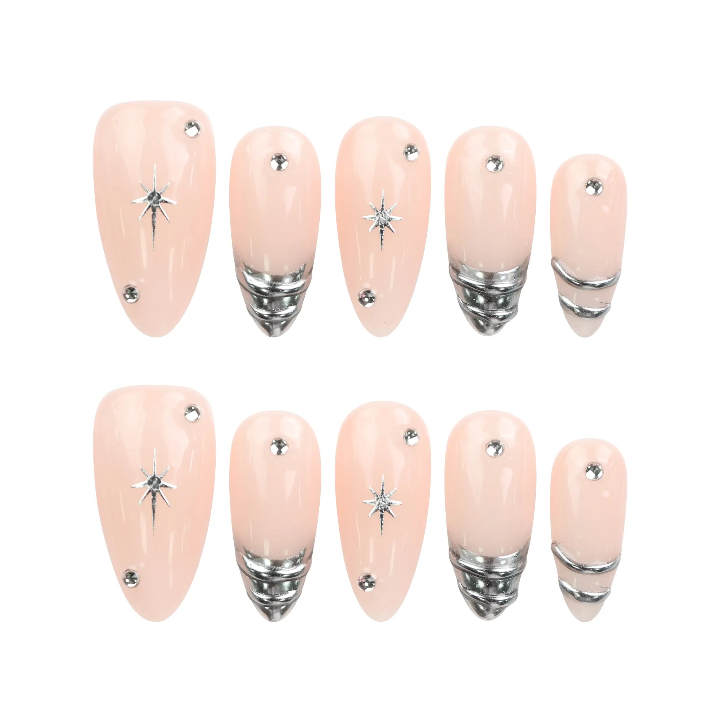Subtle Spark Singapore press on nails handmade in peach with silver stars on white background