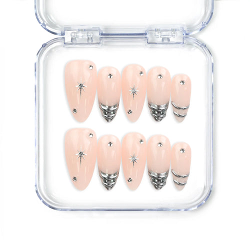 Classic peach and silver star handmade Singapore press on nails by naillover, simple and elegant design