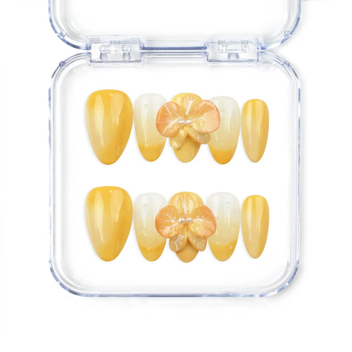 Naillover Sunny Bloom handmade press on nails with yellow-to-white gradient and 3D flower pearl accents, perfect trendy nails for summer elegance.