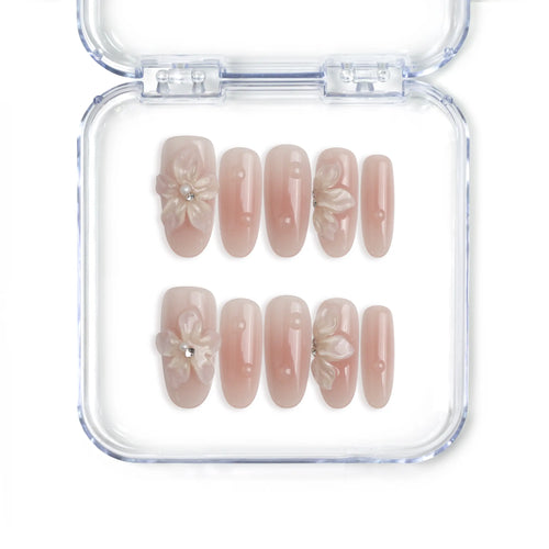 Naillover handmade Singapore pink oval press on nails featuring 3D flower nails art and pearl accents