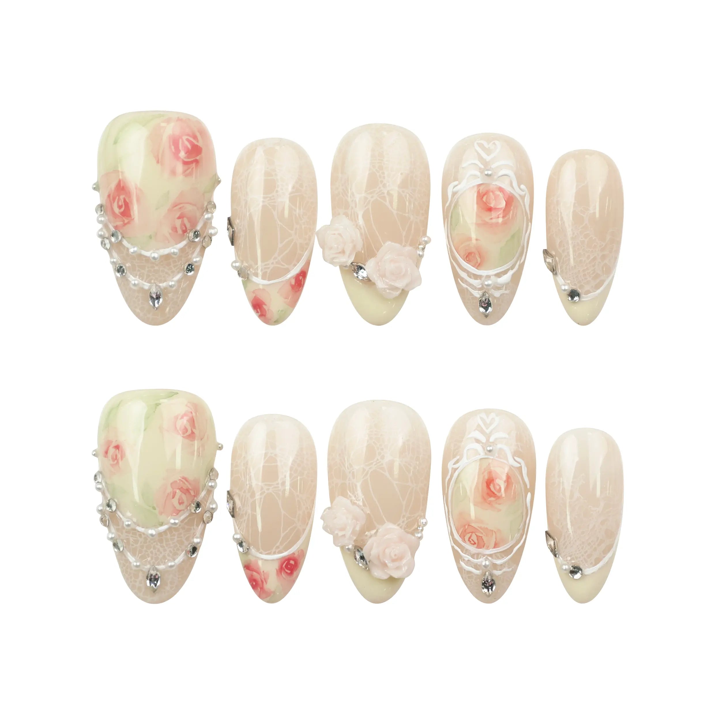 Flat lay of Naillover Vintage Rose Lace press on nails set, showcasing lace patterns, roses, pearls, and rhinestones.