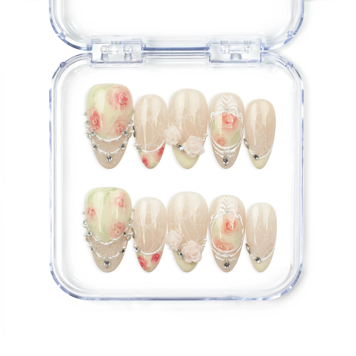 Naillover Vintage Rose Lace handmade press on nails with vintage-inspired roses, lace patterns, pearls, and rhinestones for a classic elegant style.
