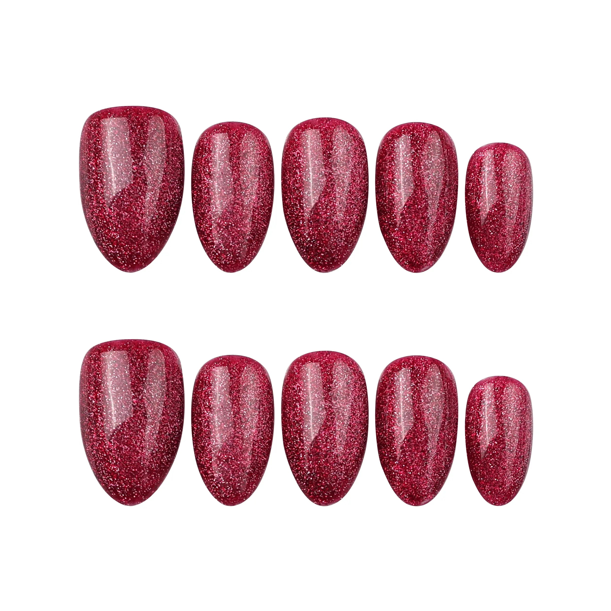 Wine Illusion red cat eye almond press on nails by Naillover, laid flat on white background.